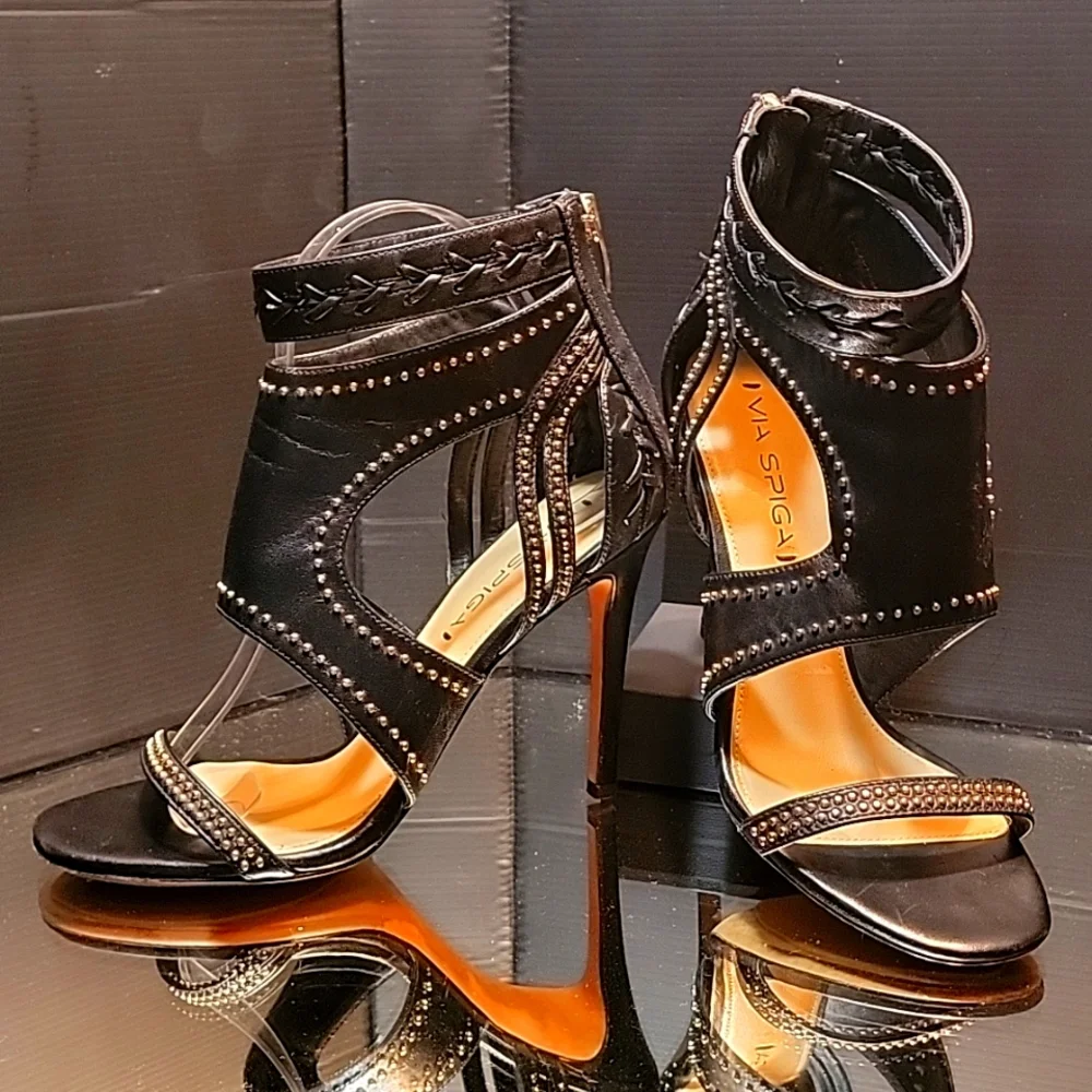 VIA Spiga ,black leather ,caged with gold studs , 37.5 . - Picture 1 of 11